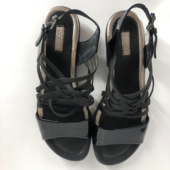 ECCO Black Patent Leather & Elastic Straps Sandals Sz 40 - Picture 2 of 15